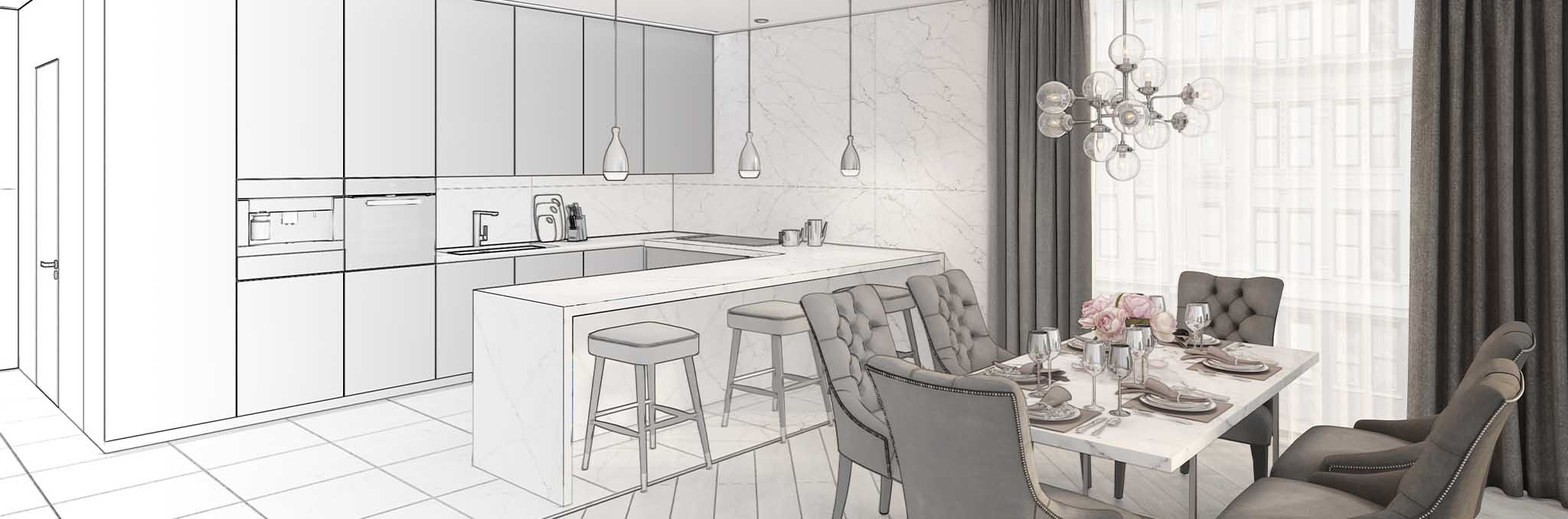A half colored rendering of a newly designed kitchen featuring modern slab cabinets