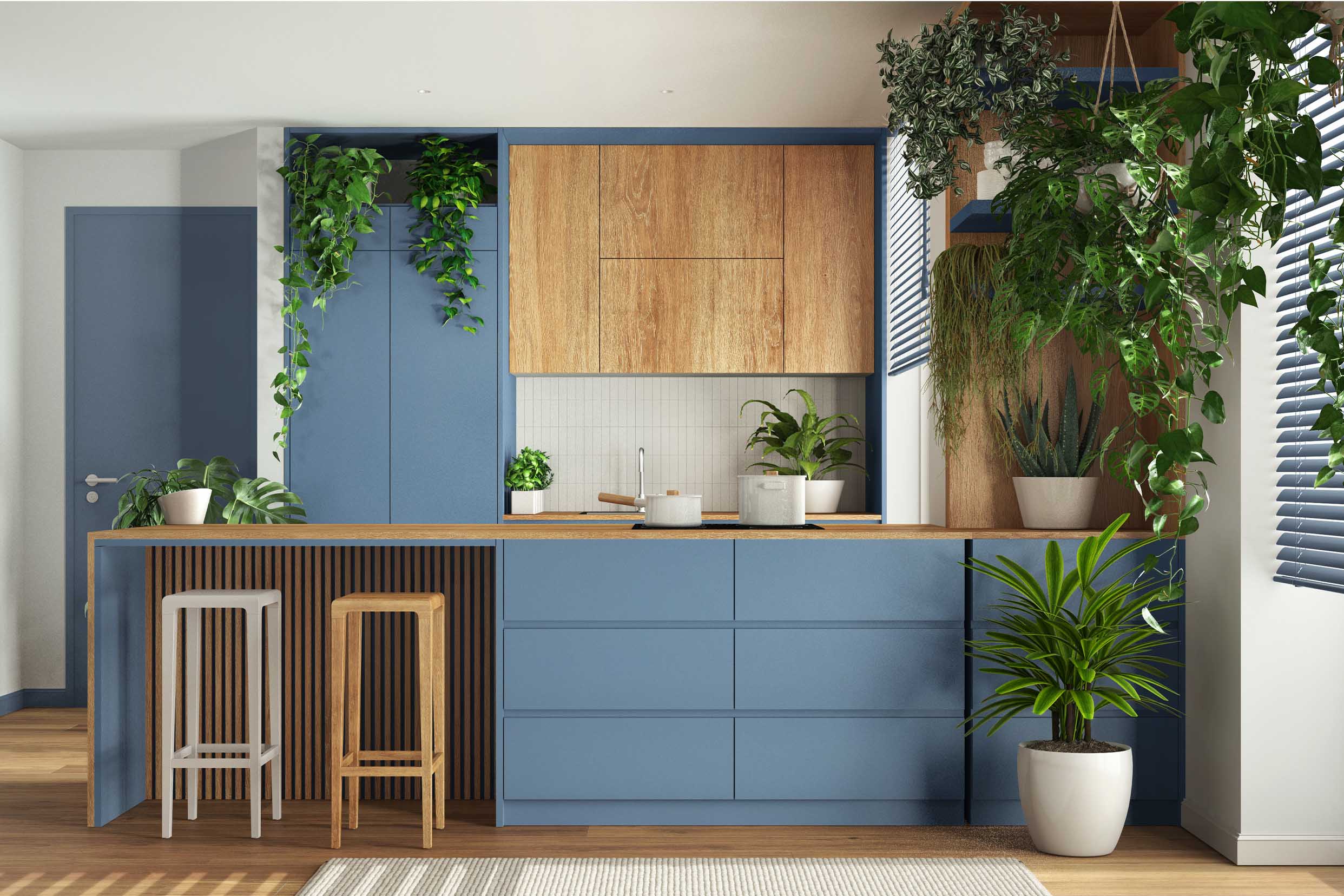 A compact modern kitchen featuring custom blue cabinets and wood grain cabinets. Elements of this image were created using AI.