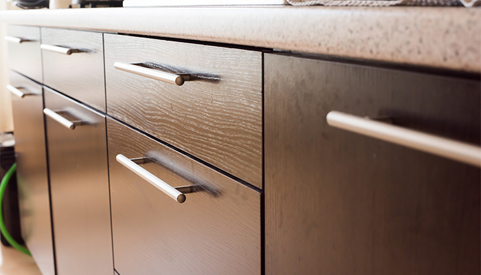 Detail shot of slab door cabinets and modern brushed nickel pulls.