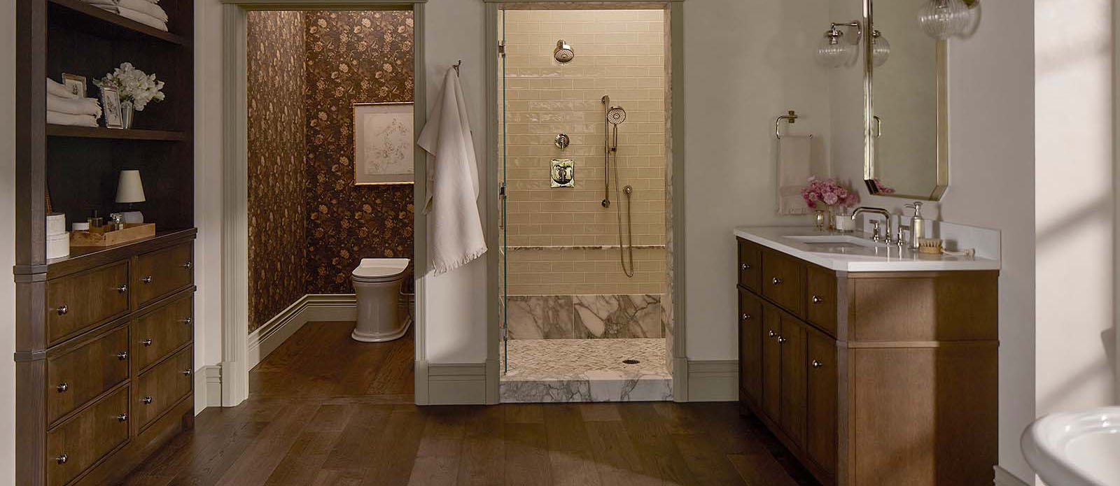 A luxurious bathroom featuring Kohler's Claude by Studio McGee Collection