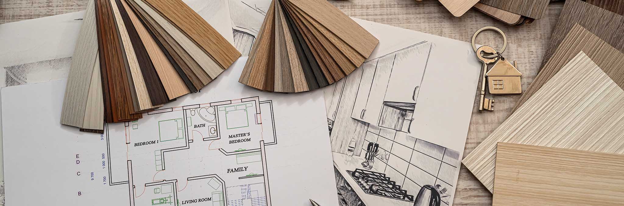 cabinetry finishe swatches, floorplans, and renderings of a new cabinet design.