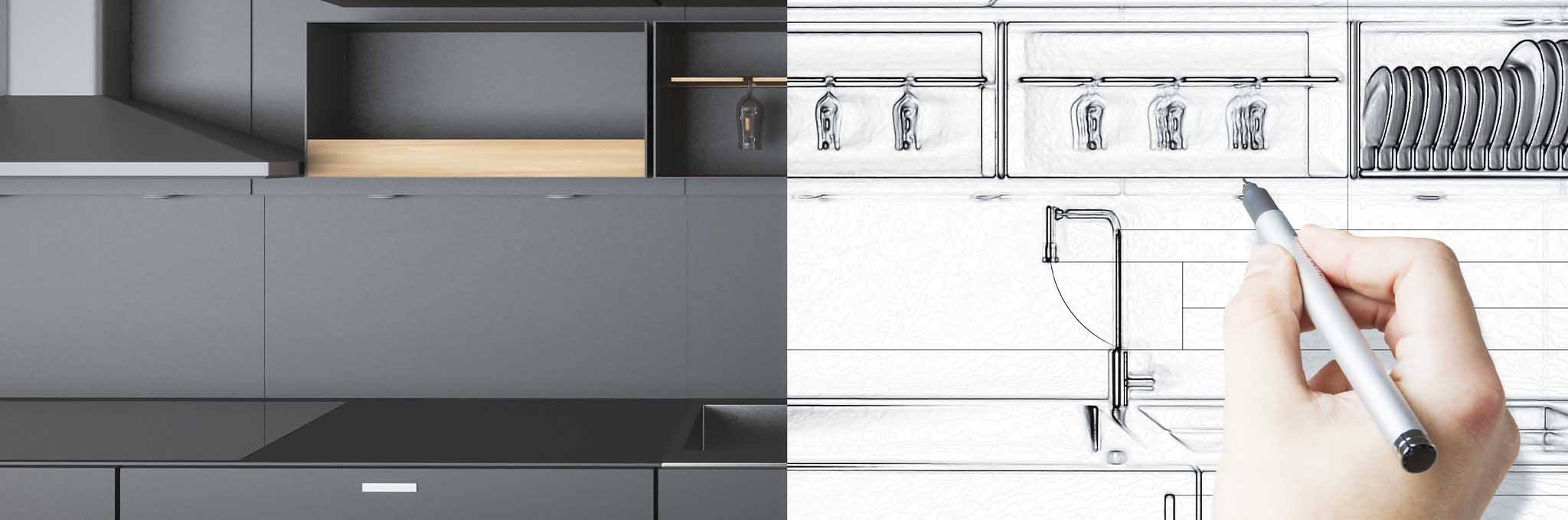 Rendering of kitchen cabinets with a hand drawing.
