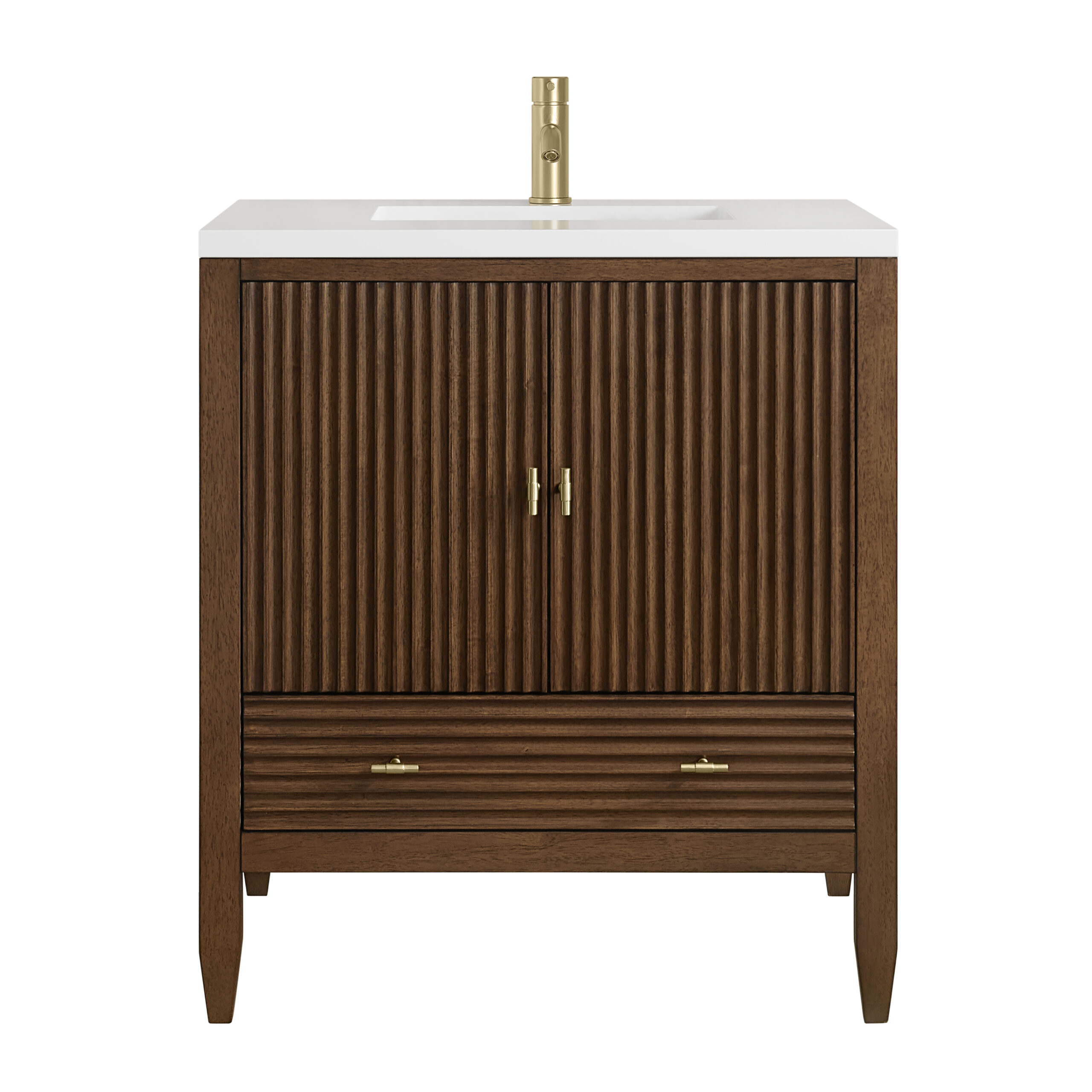 James Martin Vanities 485V30WLT1WZ Mid-Century Walnut 485V30WLT1WZ Myrrin 30 Single Vanity, Mi - century Walnut W/ Single Hole 3 Cm White Zeus Silestone Top And Matching Backsplas - Mi - Century Walnut